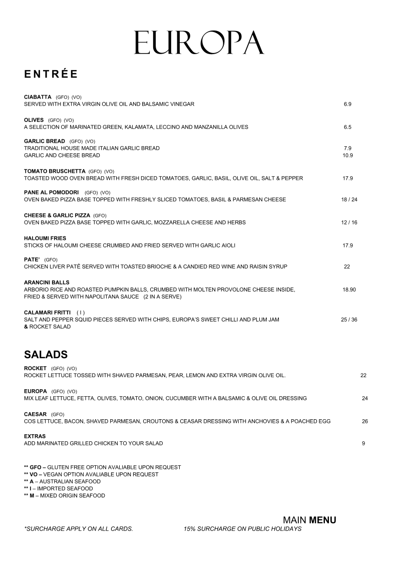 Menu, Europa at the Bay