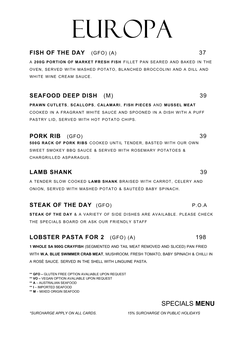 Menu, Europa at the Bay
