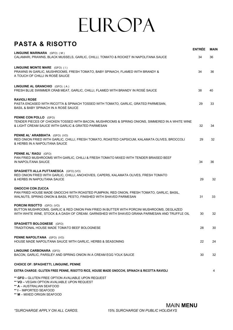 Menu, Europa at the Bay