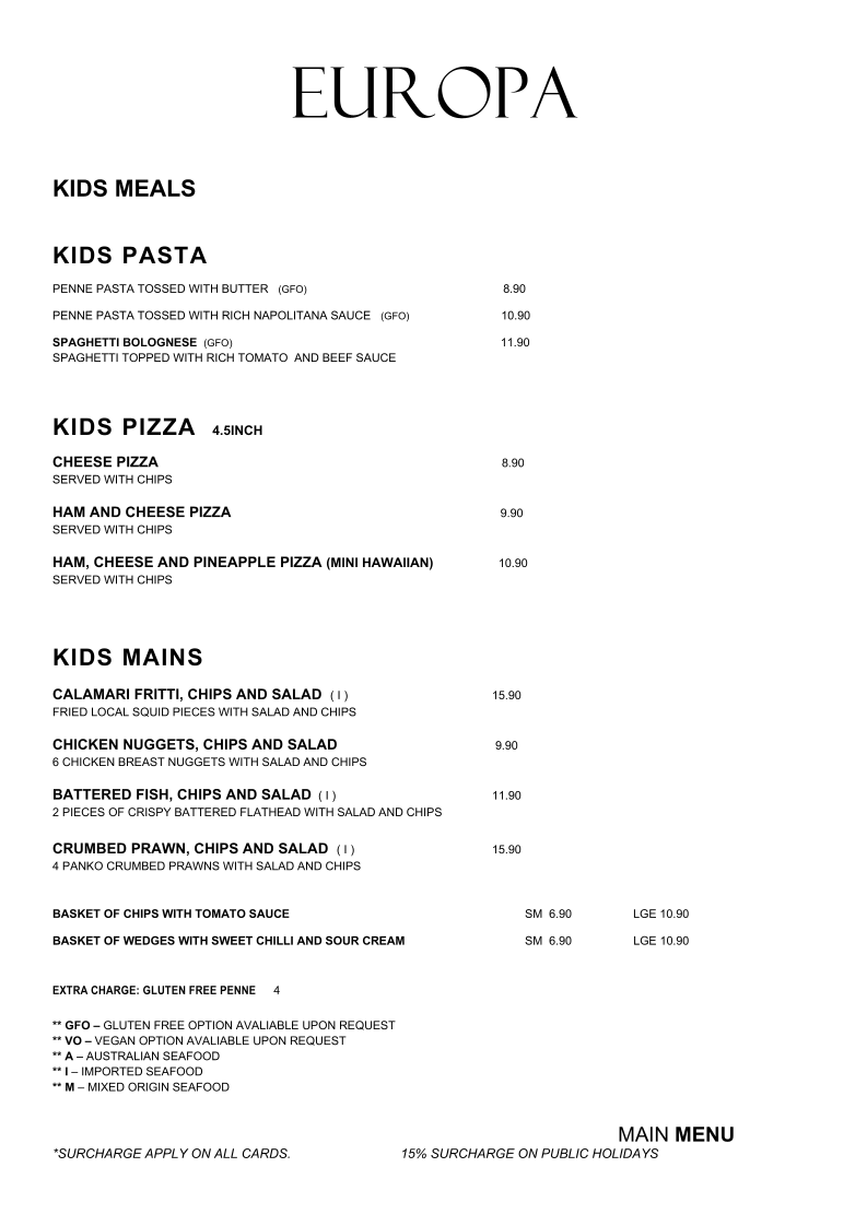 Menu, Europa at the Bay