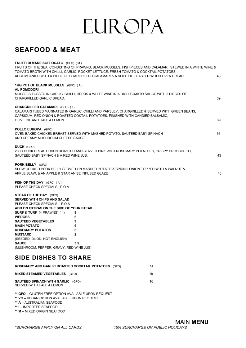 Menu, Europa at the Bay