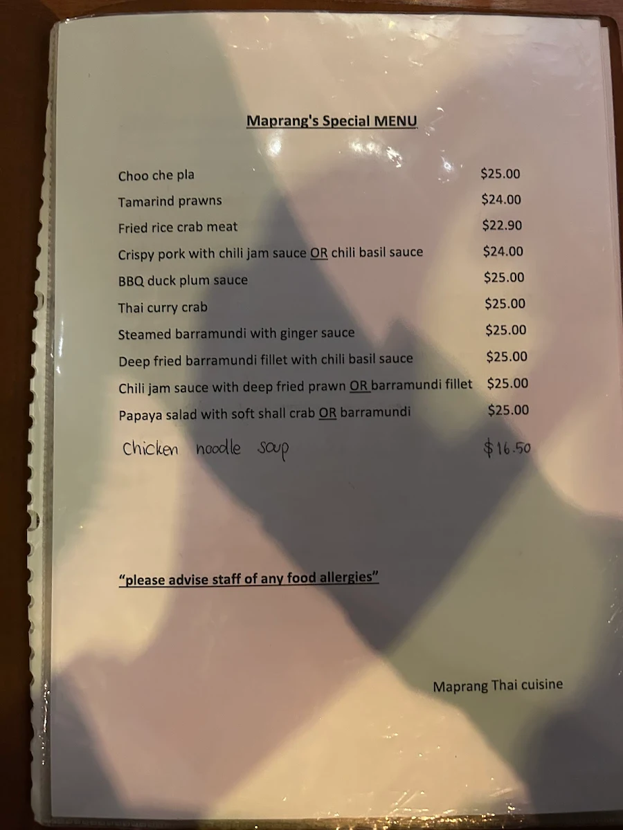 Menu, Maprang Thai Cuisine