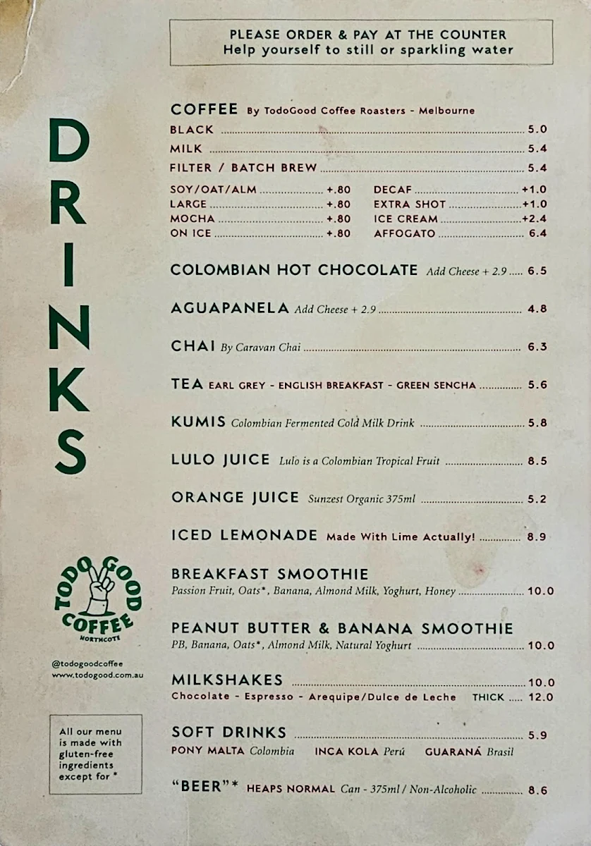 Menu, Todo Good Coffee