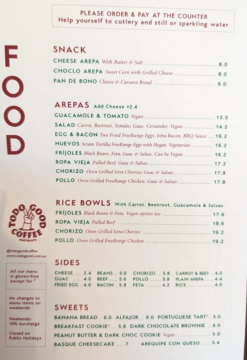 Menu, Todo Good Coffee