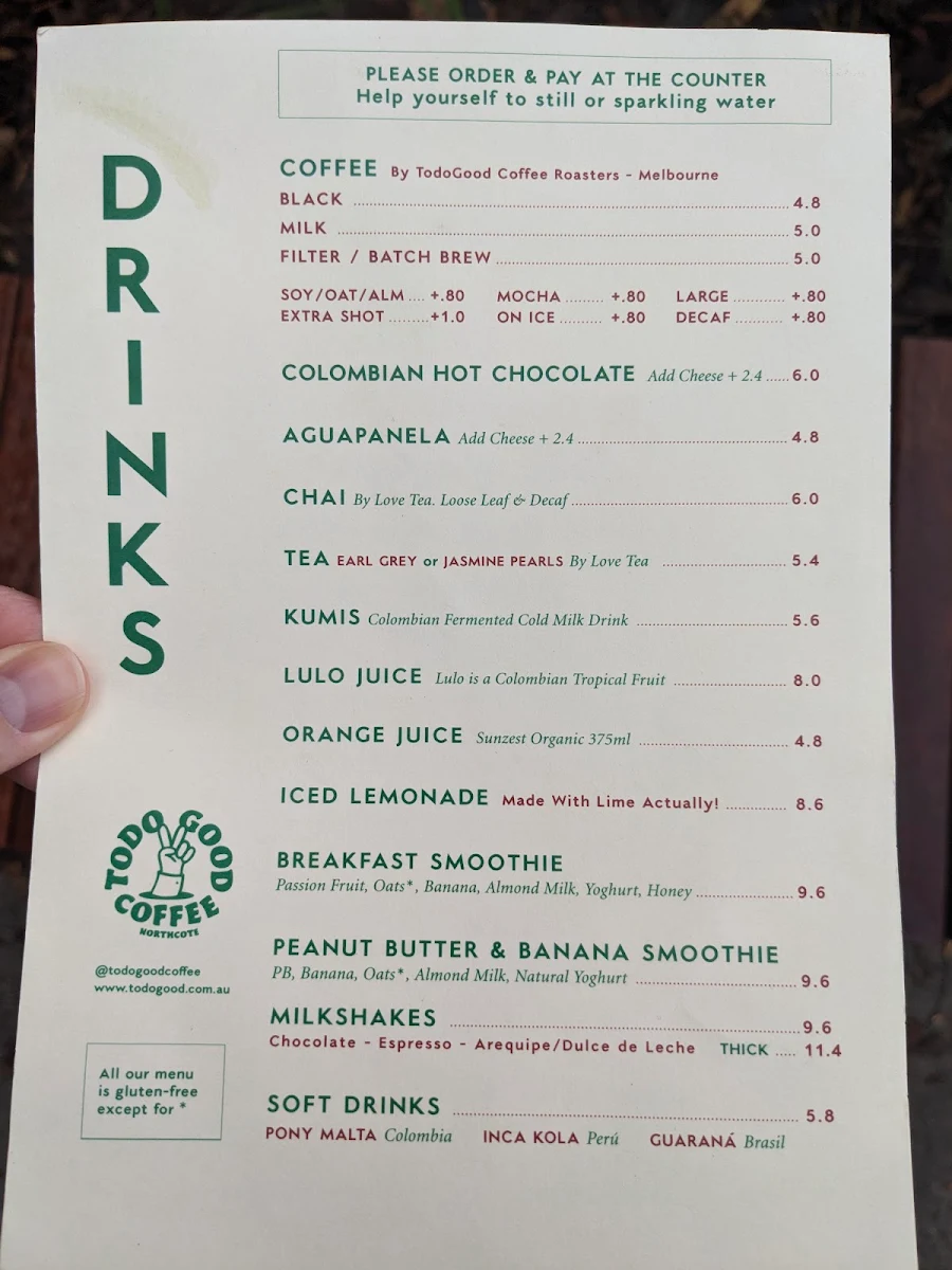Menu, Todo Good Coffee