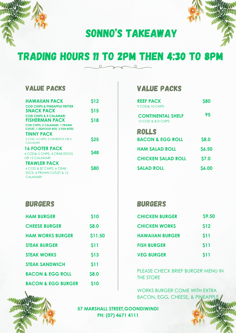 Menu, Sonno's Takeaway