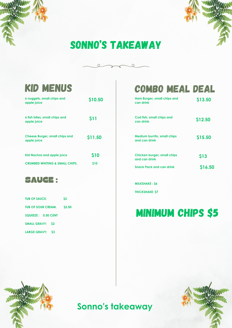 Menu, Sonno's Takeaway