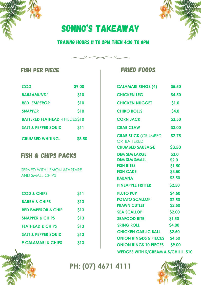 Menu, Sonno's Takeaway