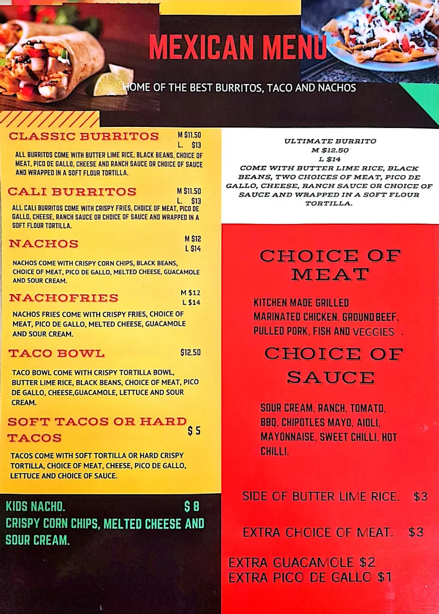Menu, Sonno's Takeaway