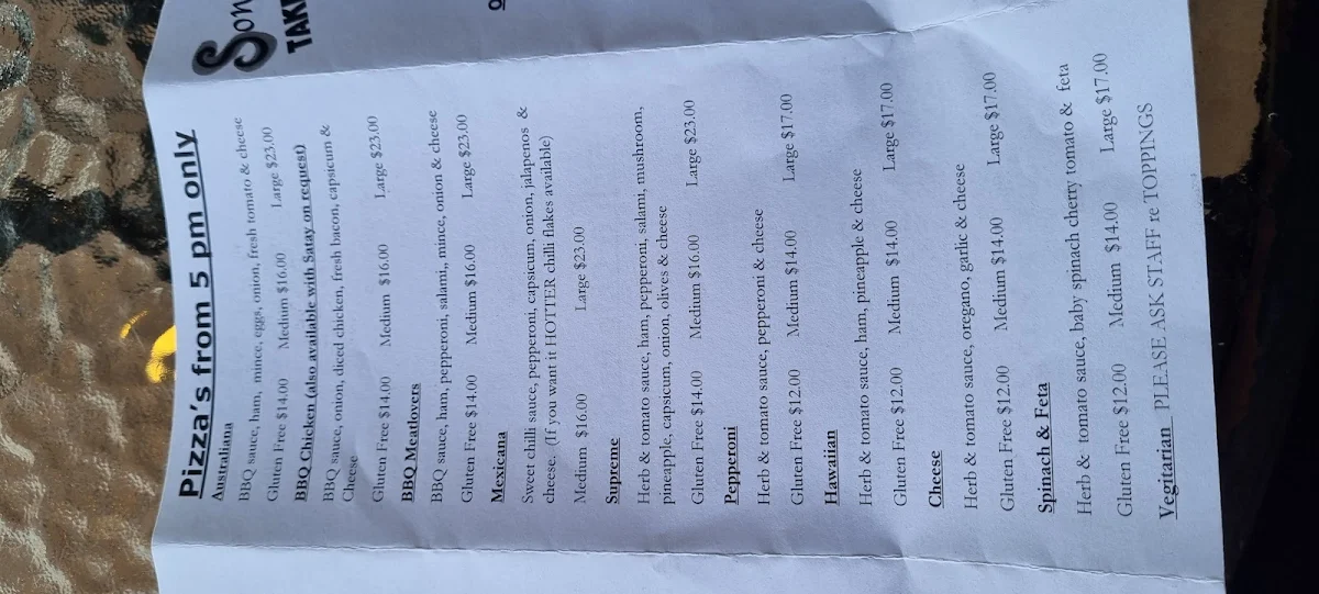 Menu, Sonno's Takeaway