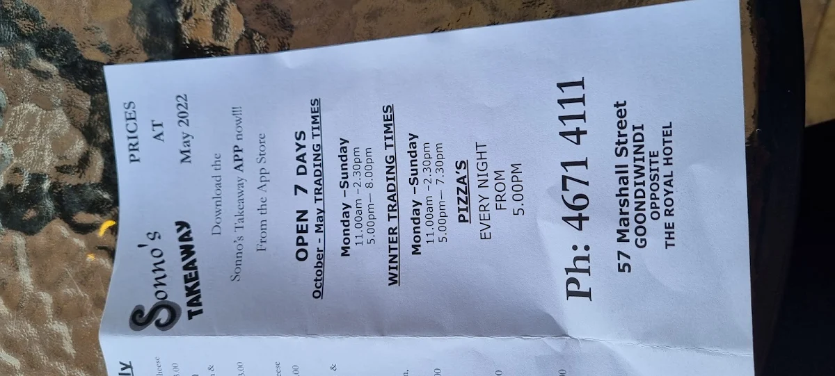 Menu, Sonno's Takeaway