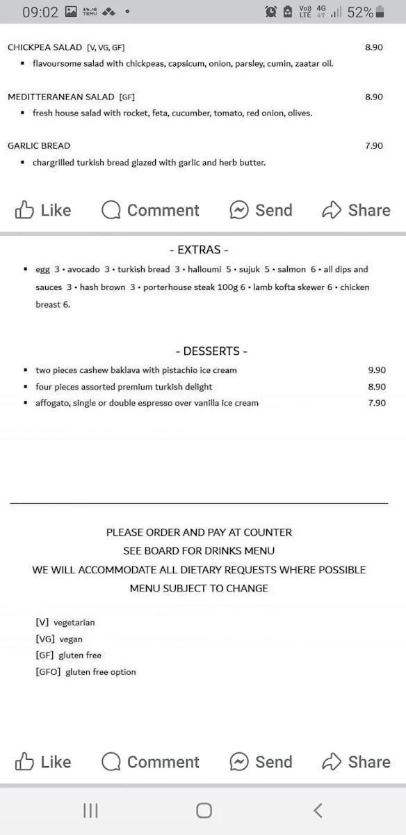 Menu, Mocha Grande