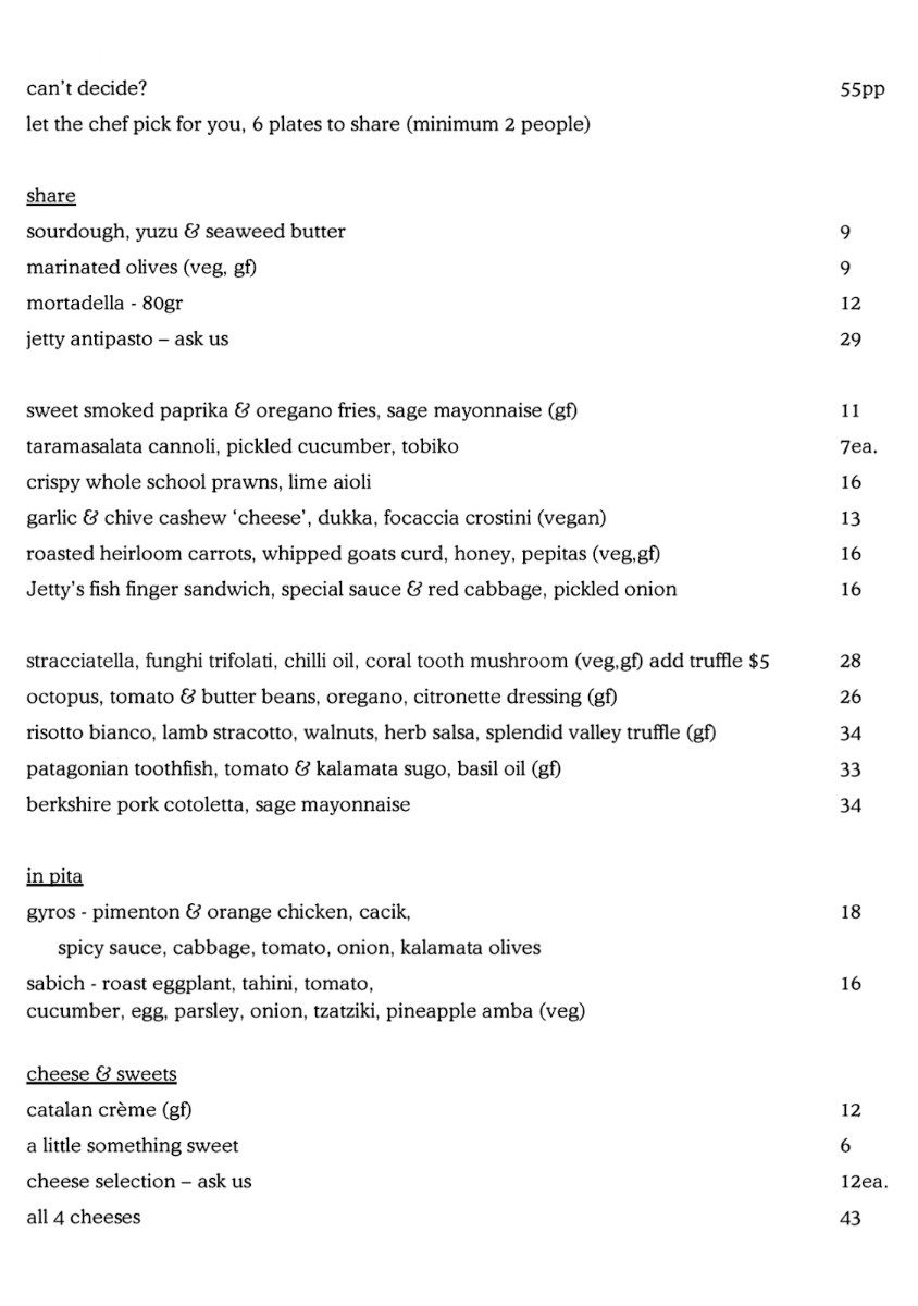 Menu, Jetty Bar & Eats