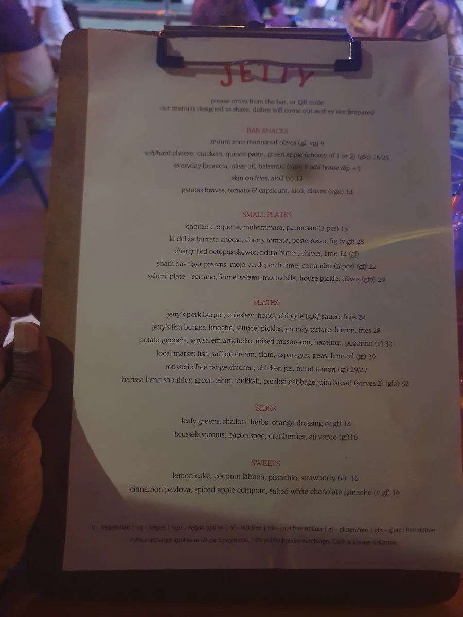 Menu, Jetty Bar & Eats