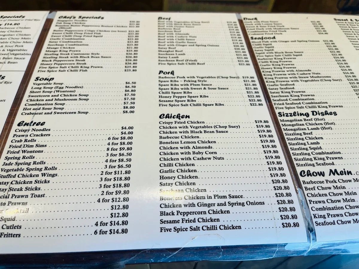 Menu, Jade Cafe
