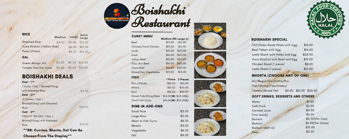 Menu, Boishakhi Restaurant