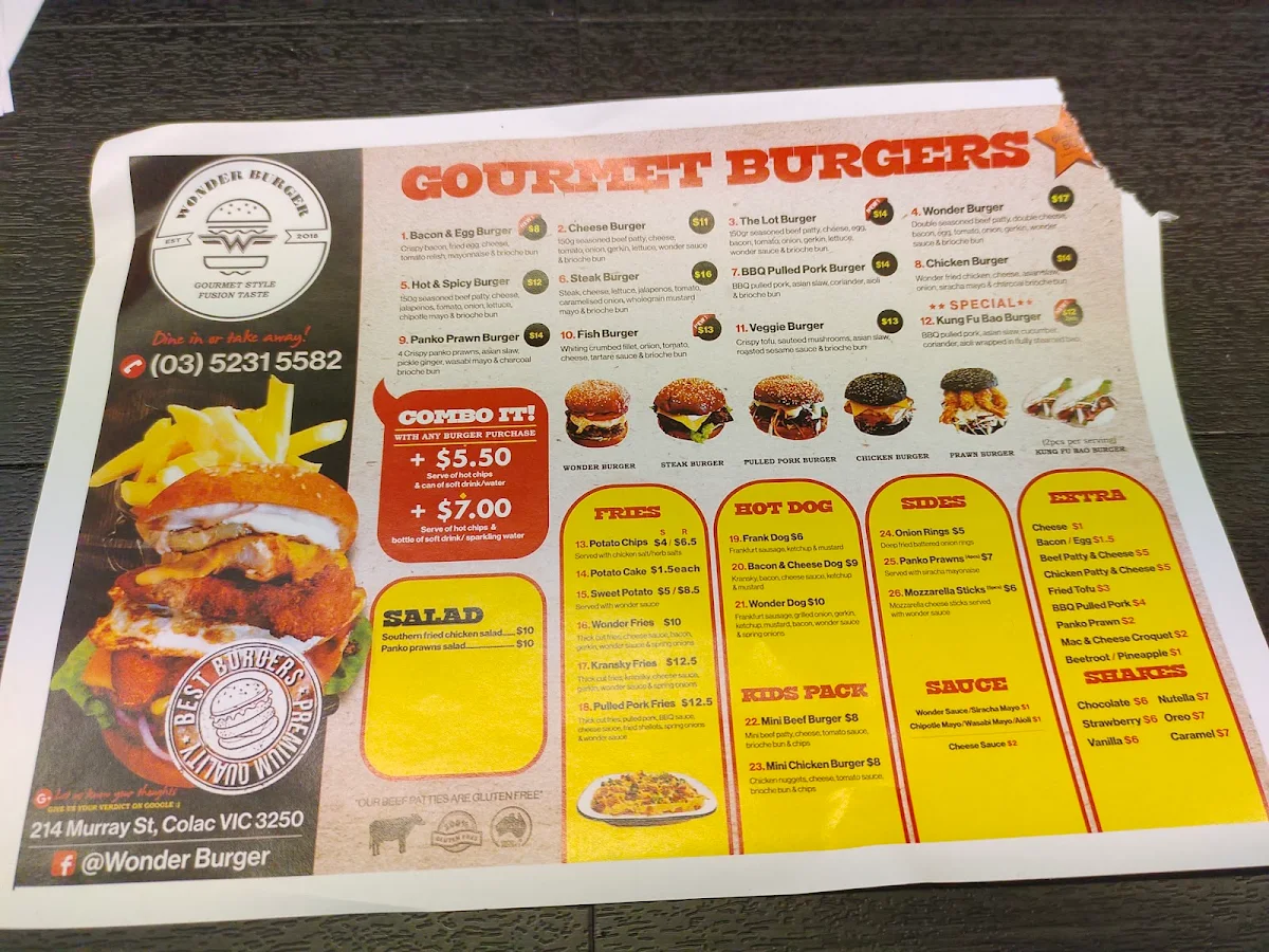 Menu, Wonder Burger