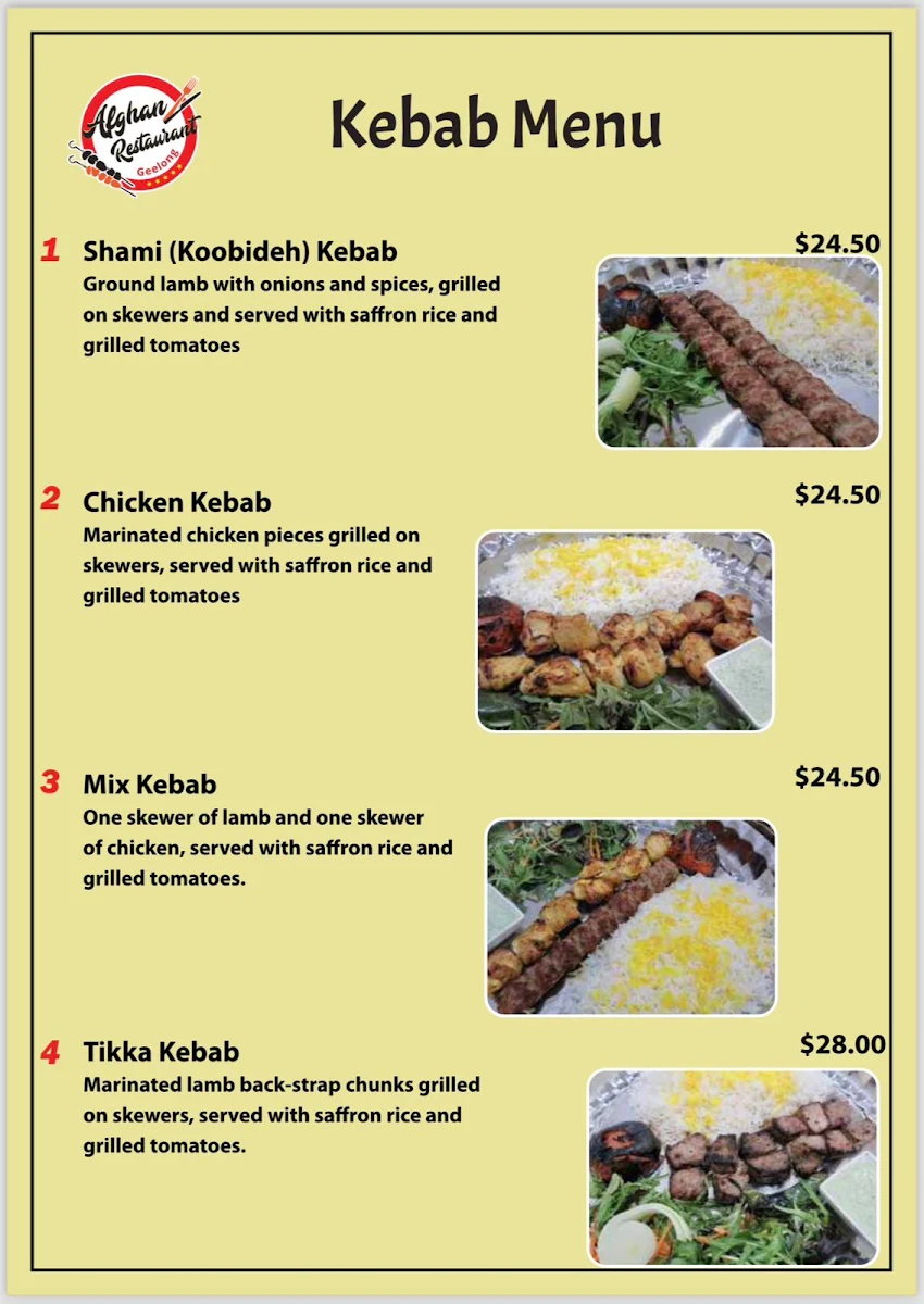 Menu, Afghan Restaurant Geelong