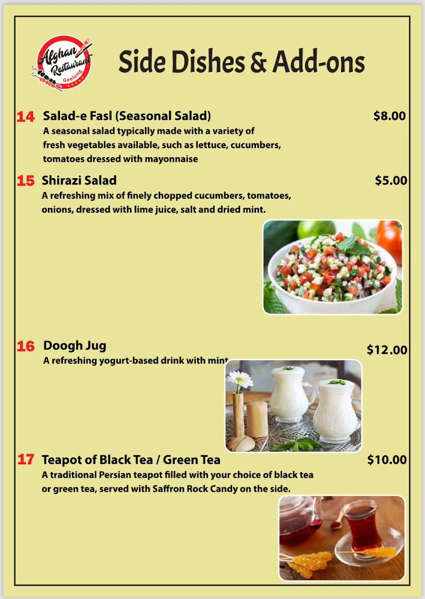 Menu, Afghan Restaurant Geelong