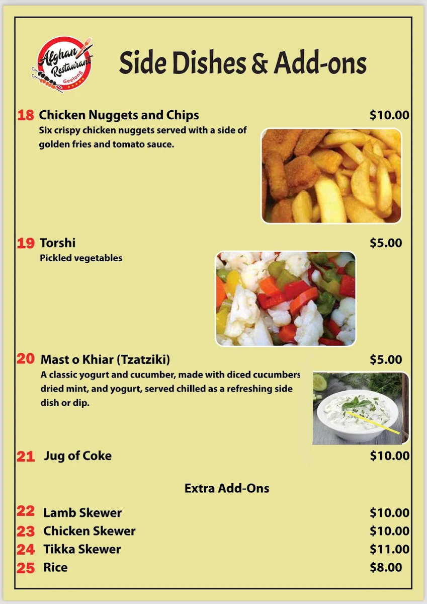 Menu, Afghan Restaurant Geelong