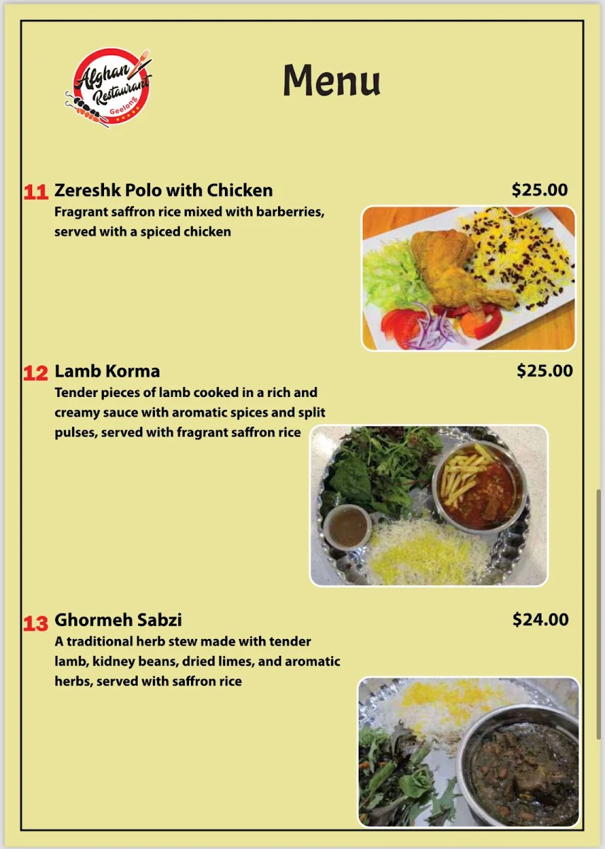 Menu, Afghan Restaurant Geelong