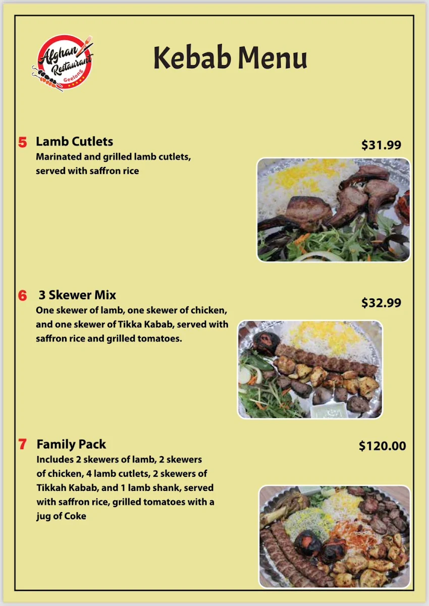 Menu, Afghan Restaurant Geelong