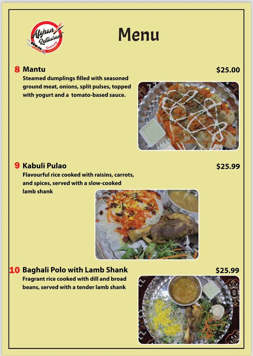 Menu, Afghan Restaurant Geelong