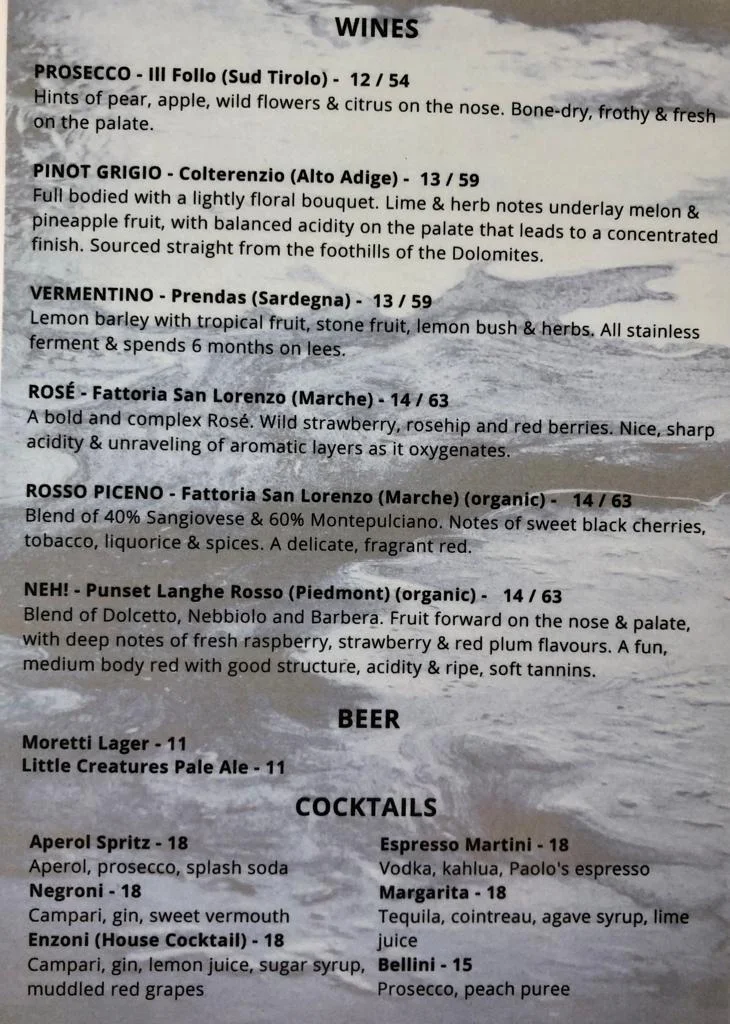 Menu, Paolo's Cafe and Aperitivo Bar