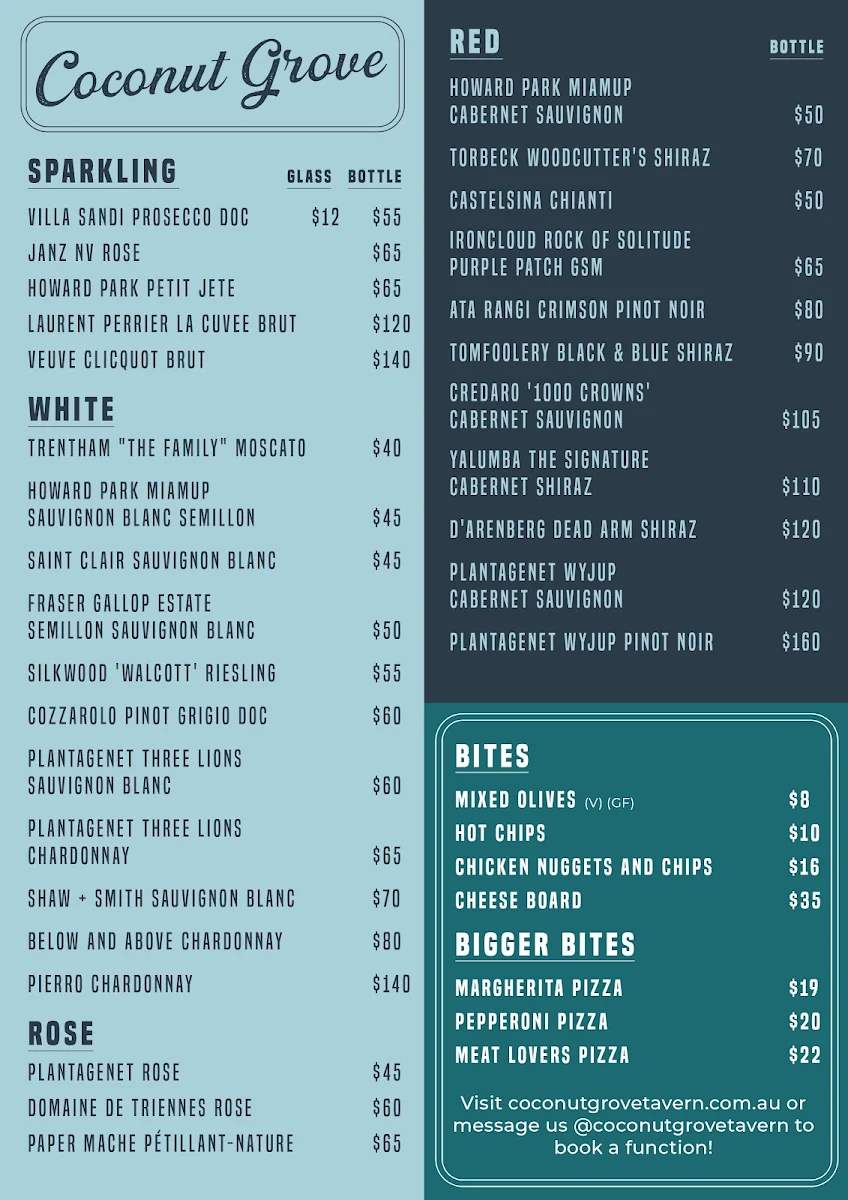 Menu, Coconut Grove