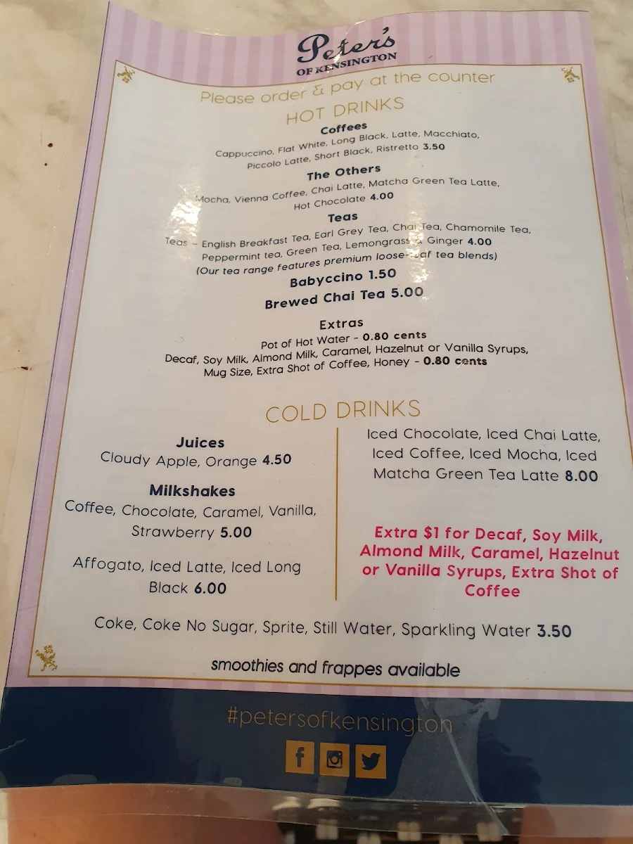 Menu, Peter's of Kensington Café