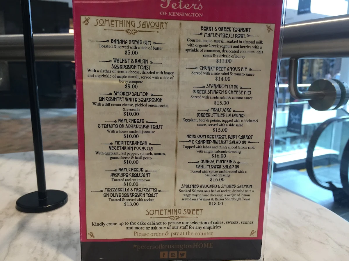 Menu, Peter's of Kensington Café