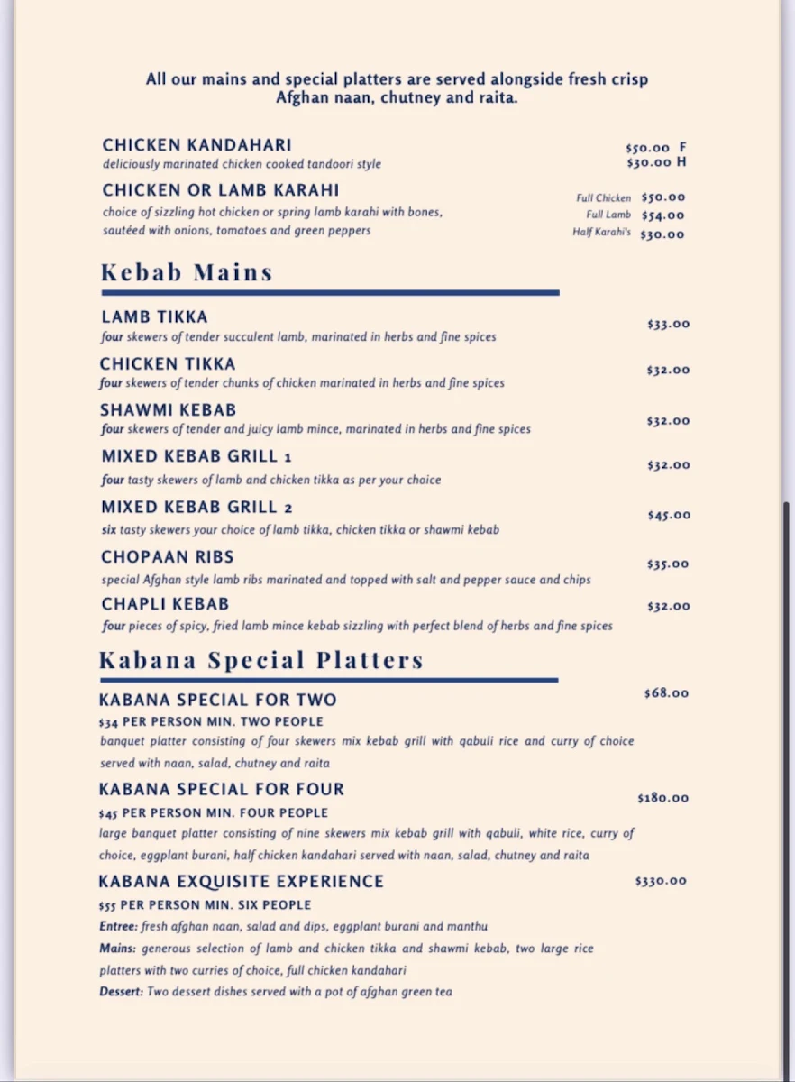 Menu, Kabana