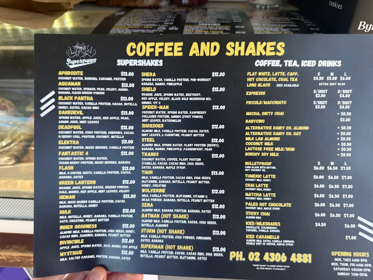 Menu, SuperSupps Healthy Cafe and Supplement Store