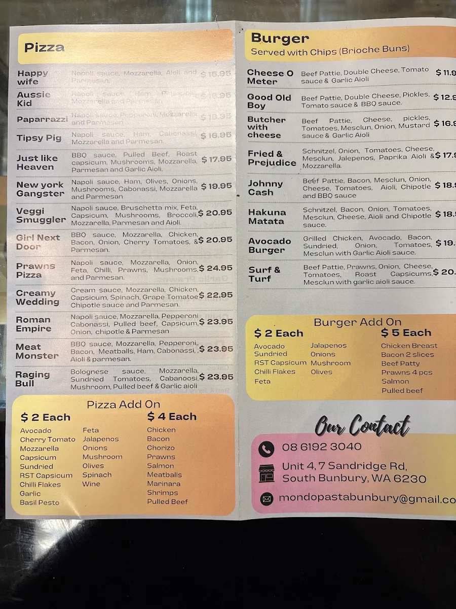 Menu, Mondo Pasta