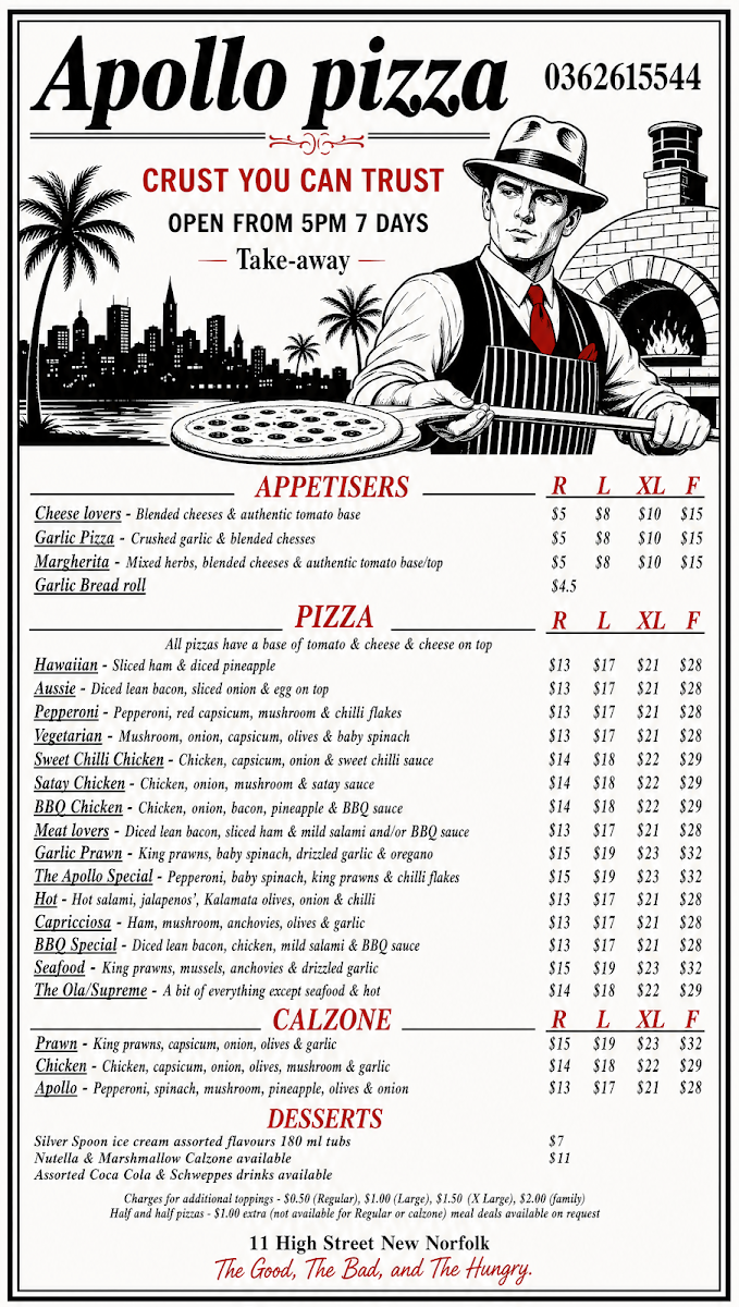 Menu, Apollo Pizza