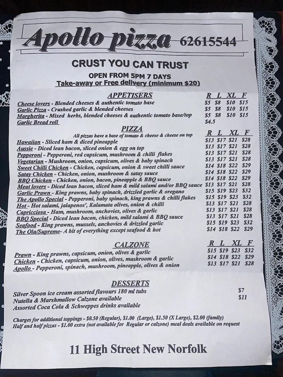 Menu, Apollo Pizza