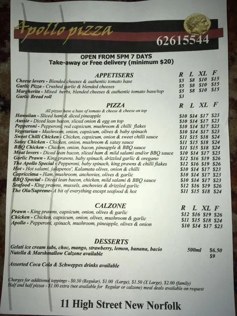Menu, Apollo Pizza