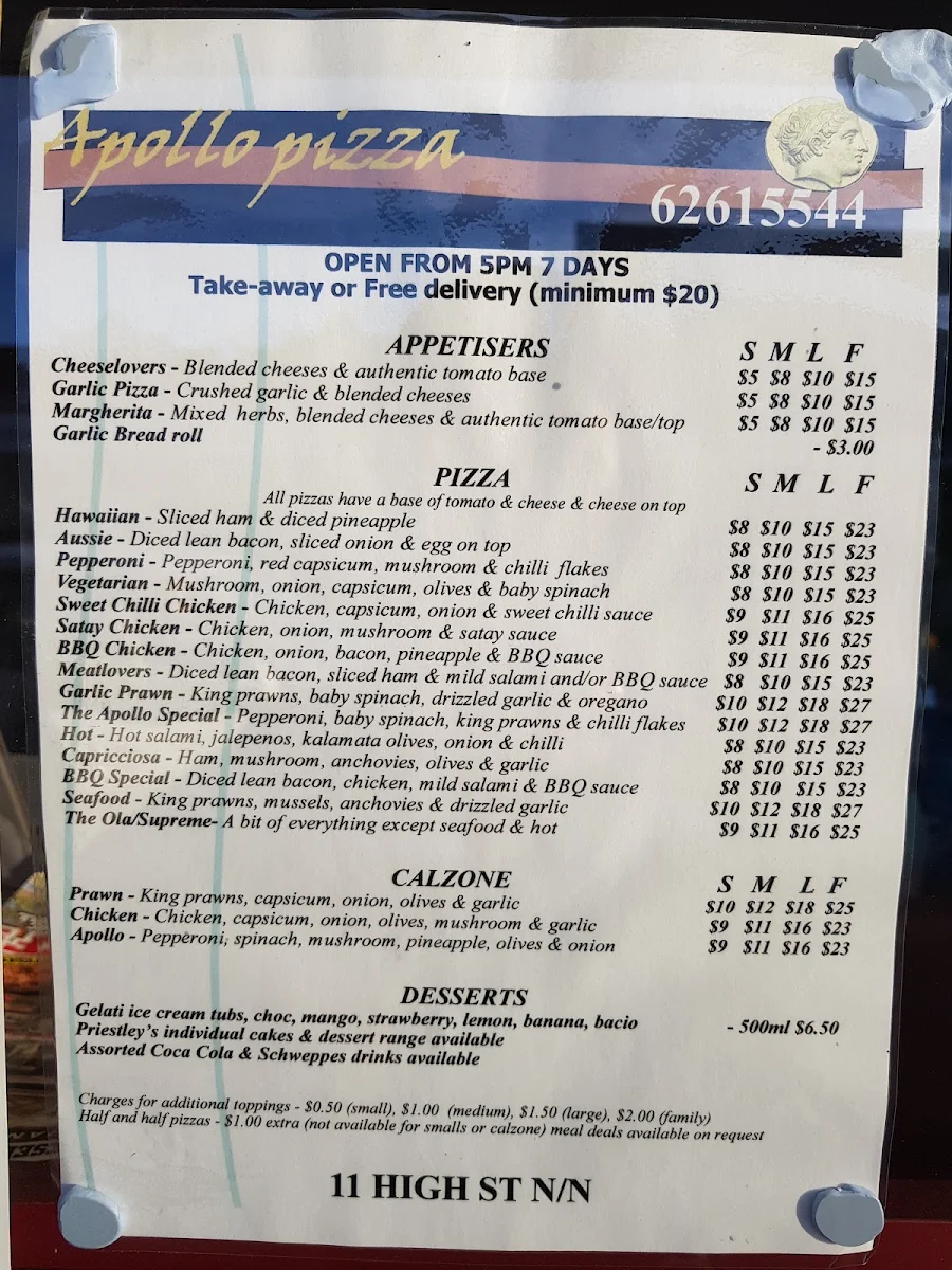 Menu, Apollo Pizza