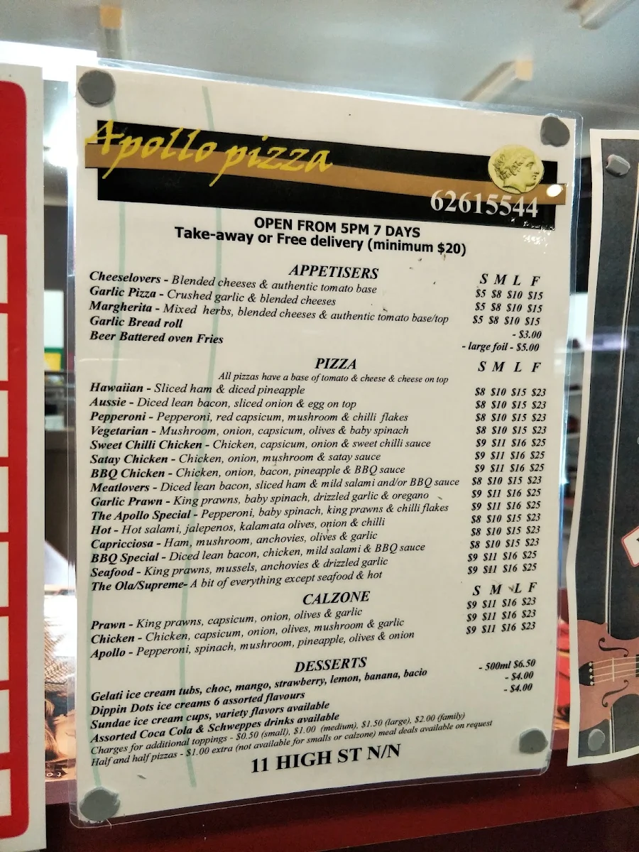 Menu, Apollo Pizza