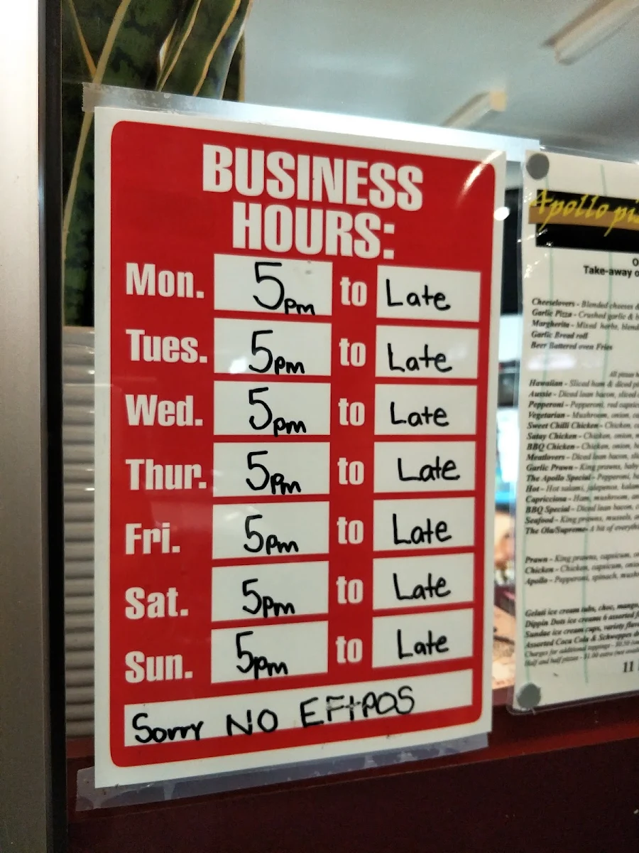 Menu, Apollo Pizza
