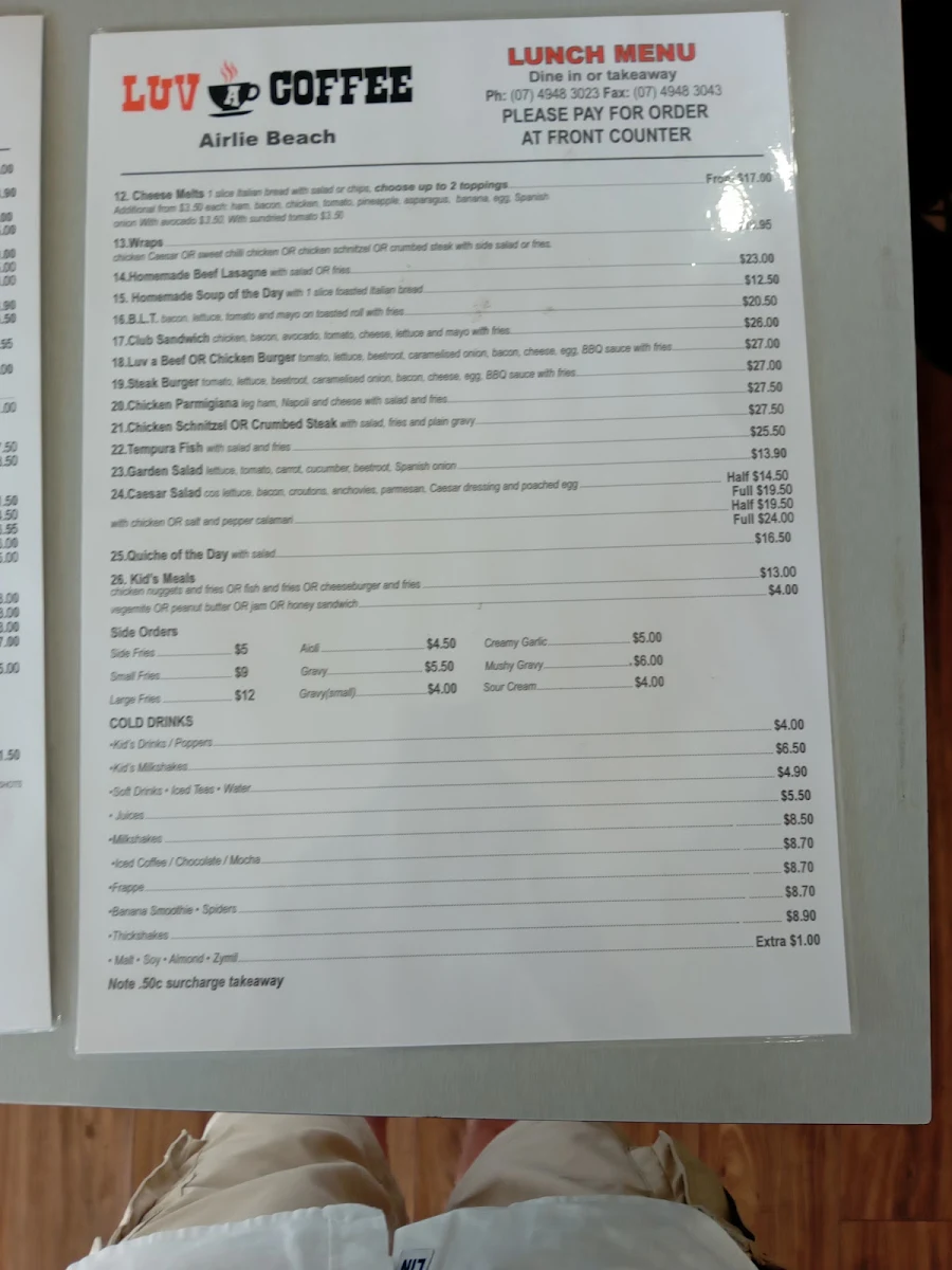 Menu, Luv A Coffee Airlie Beach