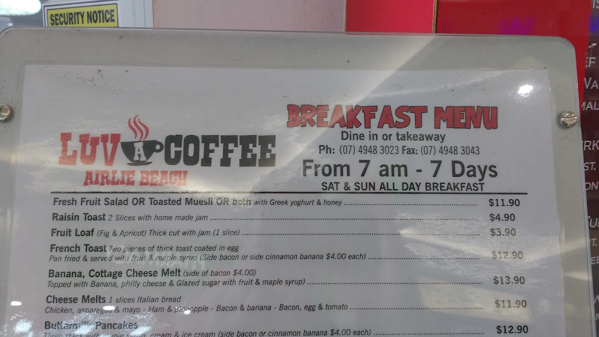 Menu, Luv A Coffee Airlie Beach