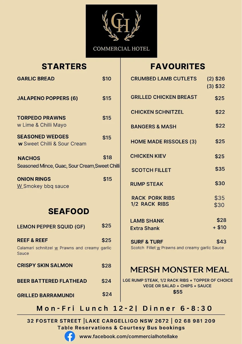 Menu, Commercial Hotel Lake Cargelligo