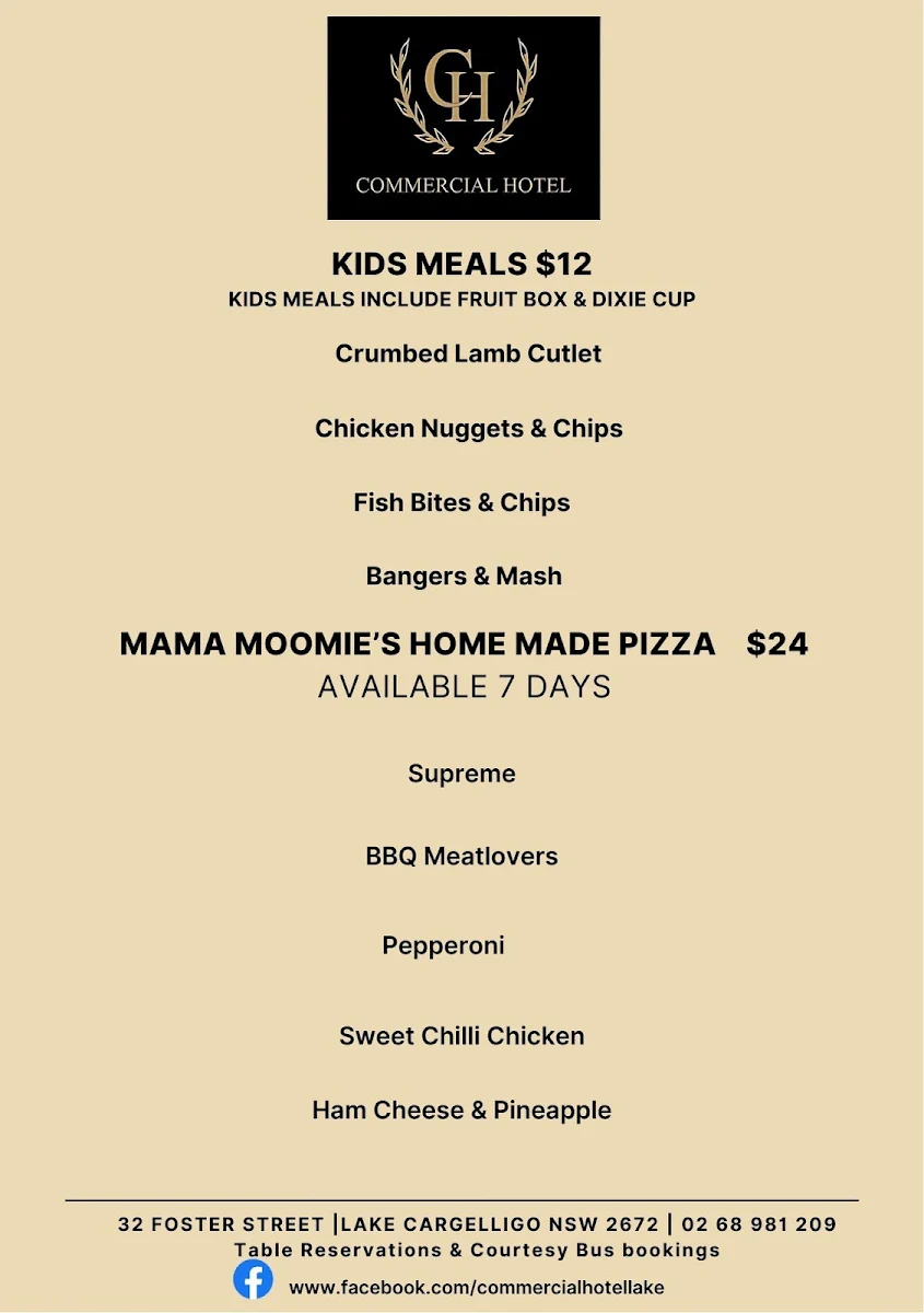 Menu, Commercial Hotel Lake Cargelligo