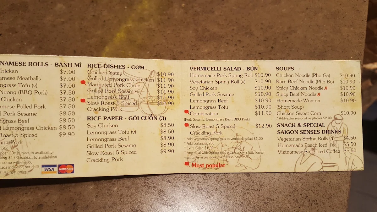 Menu, Saigon Senses Wollongong