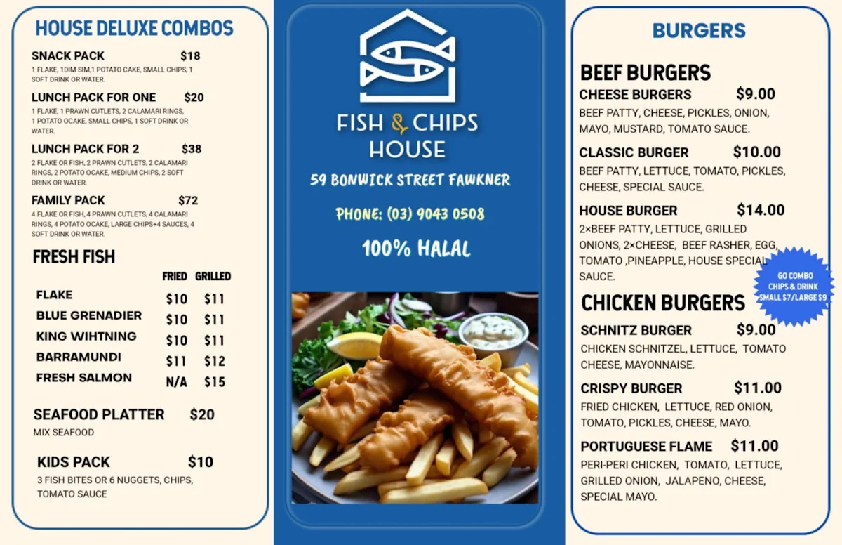 Menu, Fish And Chips burger House