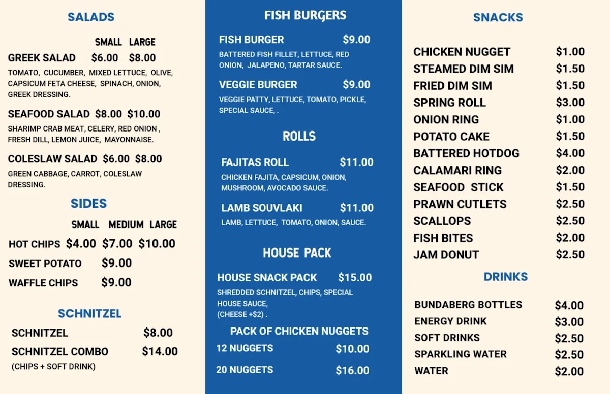 Menu, Fish And Chips burger House