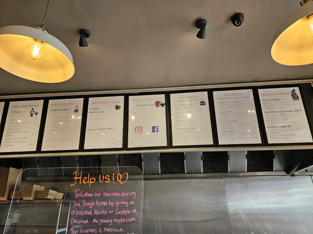 Menu, Embers grill and burger