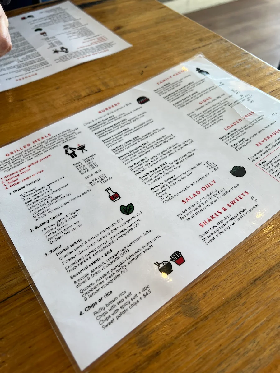 Menu, Embers grill and burger