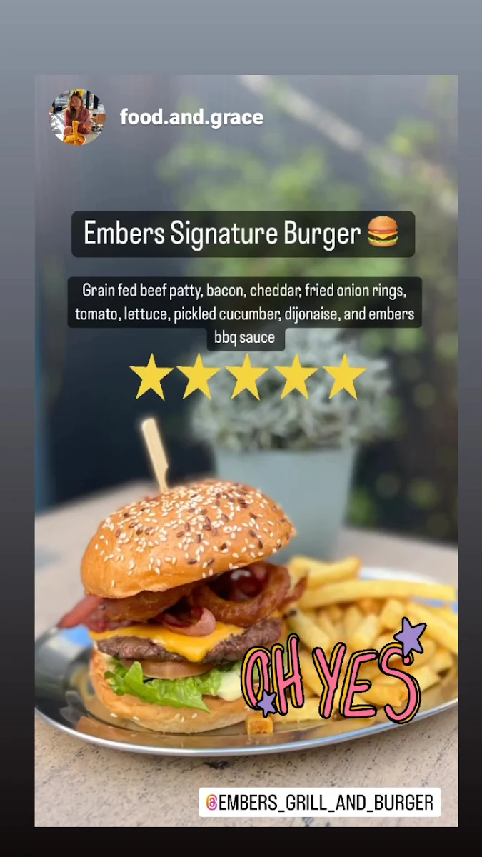 Menu, Embers grill and burger